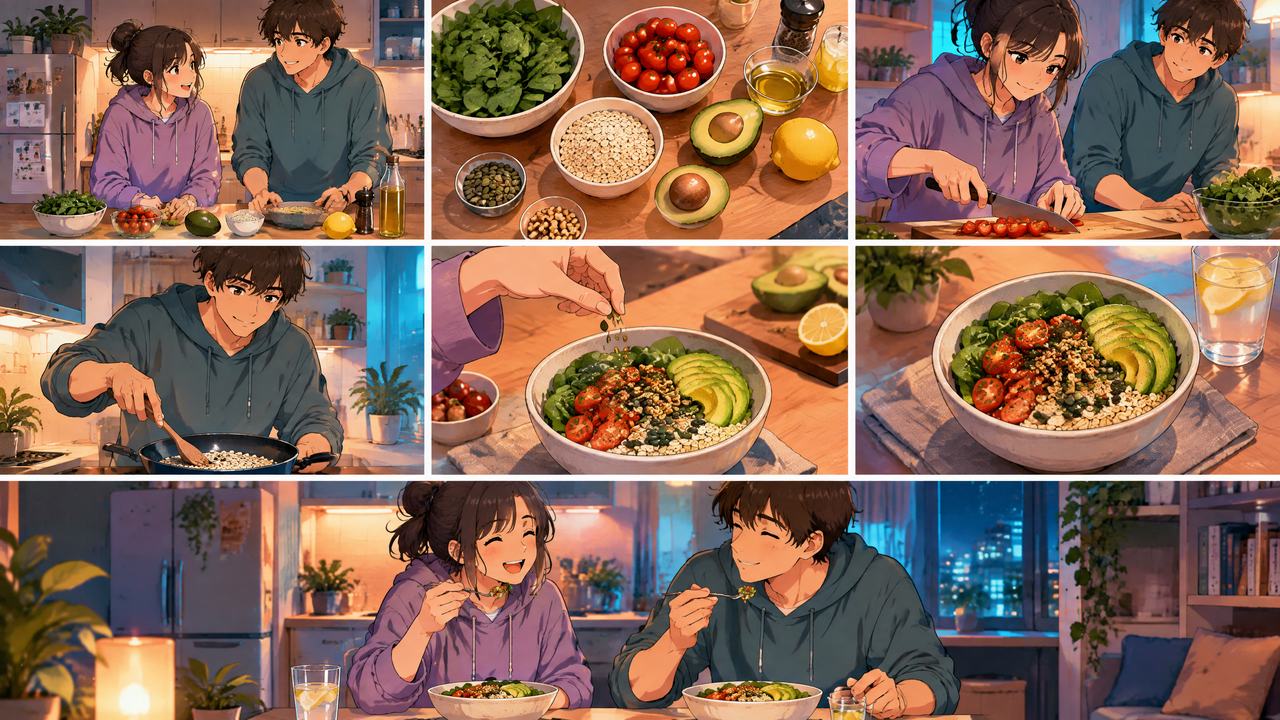 两位创作者制作料理的生活动漫画面