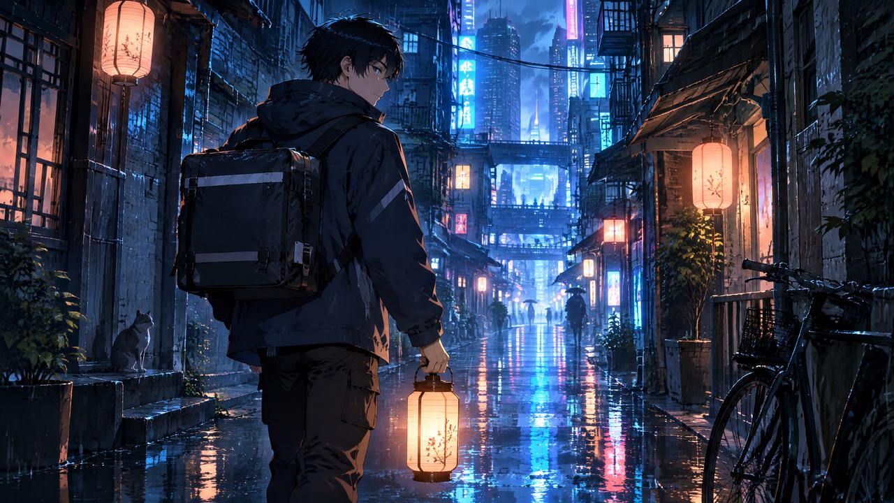 雨夜灯笼主题原创动漫场景
