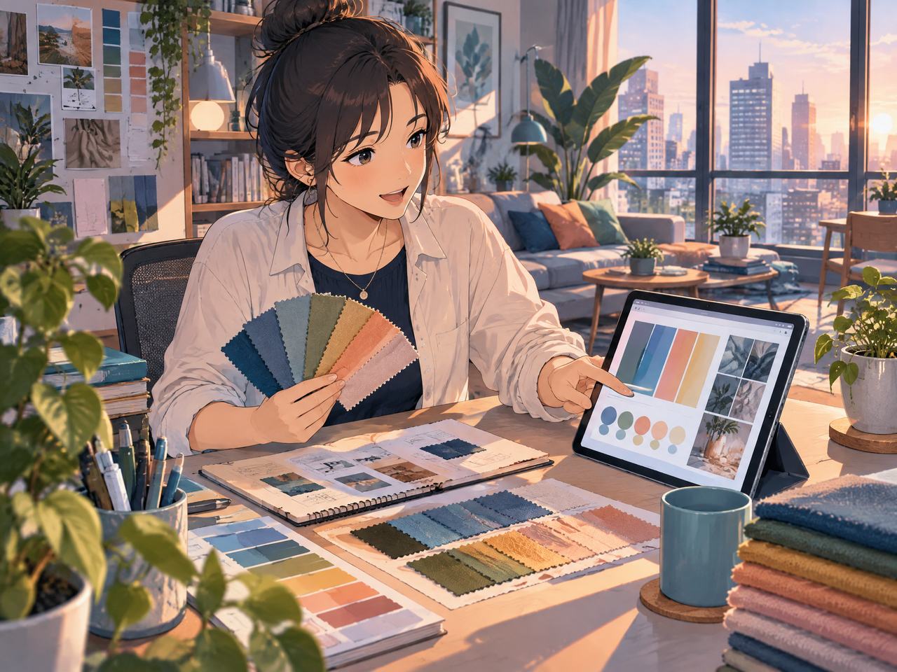 创作者在工作台展示配色布料